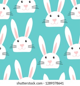 Fondo del conejo de Pascua. Patrón perfecto con rostros de conejo en estilo infantil sobre fondo azul. Ilustración vectorial para tarjetas, textiles, torres de té