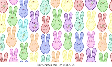 Easter bunny background. Easter pattern. Children drawing style rabbits hand drawn wax crayons art on white. Chalk Crayon bunny backdrop. Color pastel crayons freehand drawn bunnies background.