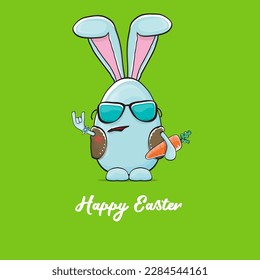 Easter bunny badass and funny cartoon character with bunny ears isolated on green background. rock n roll easter party poster or happy easter greeting card with blue rabbit