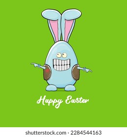 Easter bunny badass and funny cartoon character with bunny ears isolated on green background. rock n roll easter party poster or happy easter greeting card with blue rabbit