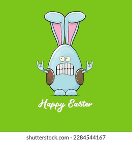 Easter bunny badass and funny cartoon character with bunny ears isolated on green background. rock n roll easter party poster or happy easter greeting card with blue rabbit