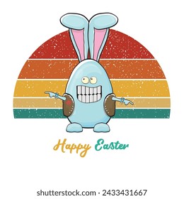 Easter bunny badass and funny cartoon character with bunny ears isolated on vitnage sun background. rock n roll easter party poster or happy easter greeting card with blue rabbit