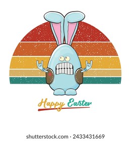 Easter bunny badass and funny cartoon character with bunny ears isolated on vitnage sun background. rock n roll easter party poster or happy easter greeting card with blue rabbit