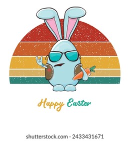 Easter bunny badass and funny cartoon character with bunny ears isolated on vitnage sun background. rock n roll easter party poster or happy easter greeting card with blue rabbit