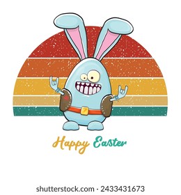 Easter bunny badass and funny cartoon character with bunny ears isolated on vitnage sun background. rock n roll easter party poster or happy easter greeting card with blue rabbit