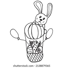 Easter bunny, balloon and eggs in a basket. Vector hand drawn outline symbol  isolated on white. 
