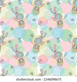 Easter bunny, balloon and eggs in a basket. Vector hand drawn seamless pattern.