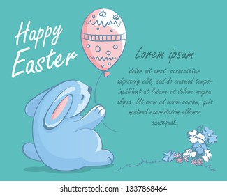 Easter bunny with a balloon. Greeting card with copy space. Vector illustration 