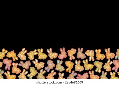 Easter bunny banner. Color painted rabbit border.  Easter symbol. Egg color gingerbread cookies. Egg hunt vector illustration. Happy Easter day backdrop. Gingerbread cookies background.