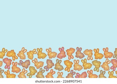 Easter bunny banner. Color painted rabbit border.  Easter symbol. Egg color gingerbread cookies. Egg hunt vector illustration. Happy Easter day backdrop. Gingerbread cookies background.