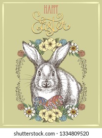 Easter bunny banner. Happy ostern decoration hand drawn rabbit, easters eggs and graphics retro spring color symbols holiday postcard