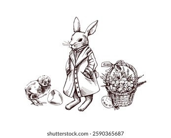 easter bunny with basket, chick and eggs, vintage hand drawn sketch