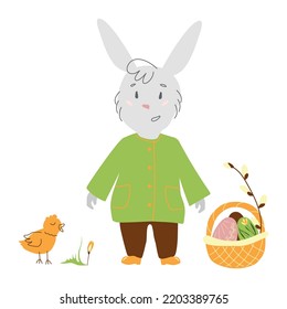 Conejo de Pascua con canasta, pollo y huevos de Pascua con fondo blanco. Cosas graciosas de mascotas. Ilustración vectorial en un estilo dibujado a mano para una postal, calendario, banner