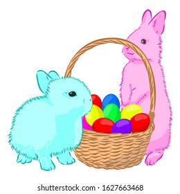 easter bunny and basket of colored easter eggs