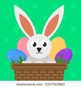 Easter bunny in the basket with colored eggs.