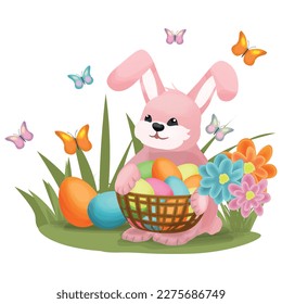 Easter Bunny with a basket of colored eggs on a background of grass, flowers and butterflies. Element for the design of the background of cards, invitations, posters, etc.