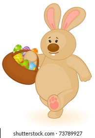 Easter Bunny with basket and colored eggs. Easter card