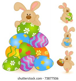 Easter Bunny with basket and colored eggs. Easter card
