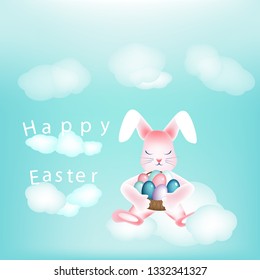 Easter bunny with a basket of colorful eggs napping on the clouds Inscription Happy Easter