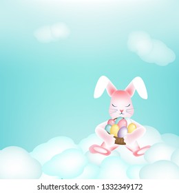 Easter bunny with a basket of colorful eggs napping on the clouds Copy space