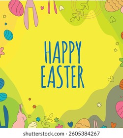 Easter bunny in basket with colorful eggs and flowers. 