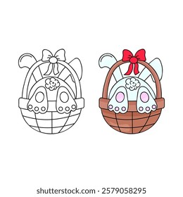 Easter Bunny in a Basket Coloring page.  In retro style. Vector stock image isolated on white background. Line and color. 
