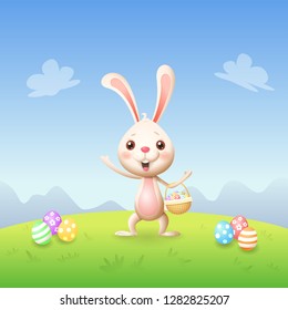 Easter bunny with basket and decorated eggs celebrate Easter - spring landscape background