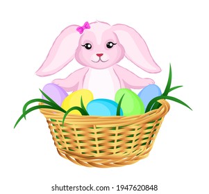 
Easter bunny in  basket with decorated eggs. Vector illustration.