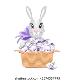 Easter bunny with a basket of decorated eggs in purple tones.Vector festive composition for Easter designs,postcards,textiles.