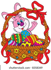 Easter Bunny with a basket of decorated eggs