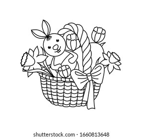 
Osterhasen und Korb mit Ei und Blumen. Bildberührung. Dekorelement. Vektorillustration.