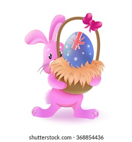 Easter bunny with basket and easter egg (vector) decorated with flag of the country (Australia). Isolated on white background.
