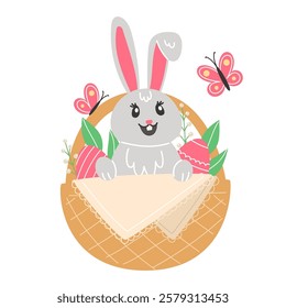 Easter Bunny in a Basket with Easter Eggs