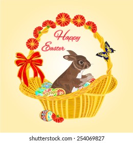 Easter bunny in a basket with Easter eggs  background vector illustration