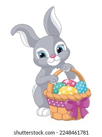 Easter Bunny with Basket of Eggs Cartoon Vector Illustration