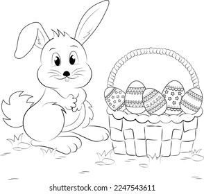Easter bunny and a basket of eggs. Childrens coloring book