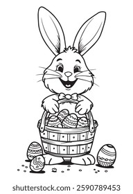 easter bunny with a basket of eggs. coloring page for kids