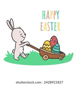 Osterhase mit einem Korb Eier. Nette Cartoon Kaninchen und Karren mit Eiern. Doodle-Stil. Karte für Ostern und Frühling. Vektorgrafik
