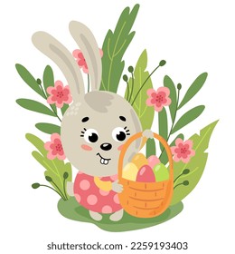 Easter bunny with a basket of Easter eggs. Drawn style. White background, isolate.
