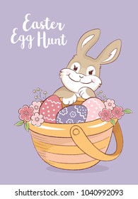 Easter bunny and a basket with eggs and flowers greeting card