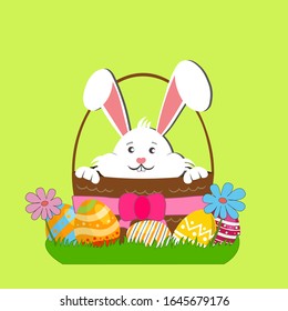 Easter bunny in basket with eggs and flowers. Easter greeting card .Vector cartoon illustration. Cute stylish characters. Vector stock illustration.