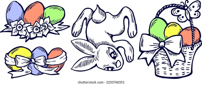 Easter bunny with basket, eggs, flowers, butterfly. Decorative vector design composition for poster print, greeting card, kids party invitation. Hand drawn illustration. Vintage cartoon style drawing.