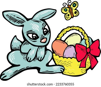 Easter bunny with basket, eggs, flowers, butterfly. Decorative vector design composition for poster print, greeting card, kids party invitation. Hand drawn illustration. Vintage cartoon style drawing.