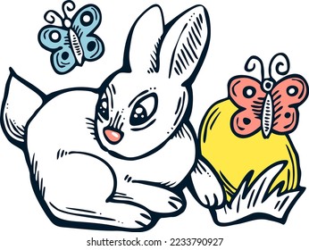 Easter bunny with basket, eggs, flowers, butterfly. Decorative vector design composition for poster print, greeting card, kids party invitation. Hand drawn illustration. Vintage cartoon style drawing.