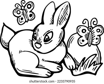 Conejo de Pascua con canasta, huevos, flores, mariposa. Composición decorativa de diseño vectorial para la impresión de afiches, tarjeta de saludo, invitación de fiesta infantil. Ilustración dibujada a mano. Dibujo de dibujos animados de época.