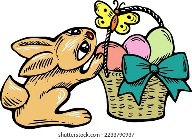 Easter bunny with basket, eggs, flowers, butterfly. Decorative vector design composition for poster print, greeting card, kids party invitation. Hand drawn illustration. Vintage cartoon style drawing.
