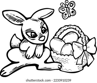 Easter bunny with basket, eggs, flowers, butterfly. Decorative vector design composition for poster print, greeting card, kids party invitation. Hand drawn illustration. Vintage cartoon style drawing.