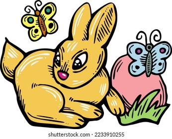 Easter bunny with basket, eggs, flowers, butterfly. Decorative vector design composition for poster print, greeting card, kids party invitation. Hand drawn illustration. Vintage cartoon style drawing.