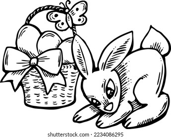 Easter bunny with basket, eggs, flowers, butterfly. Decorative vector design composition for poster print, greeting card, kids party invitation. Hand drawn illustration. Vintage cartoon style drawing.