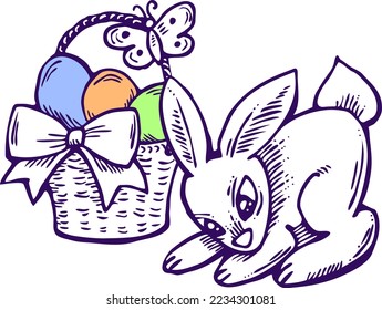 Easter bunny with basket, eggs, flowers, butterfly. Decorative vector design composition for poster print, greeting card, kids party invitation. Hand drawn illustration. Vintage cartoon style drawing.